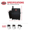 Cover dimensions with side fire box extension folded in. Width: 48 inches, height 48.5 inches, depth: 23 inches