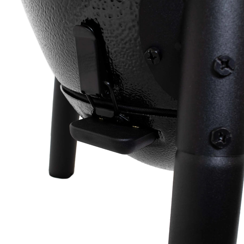 Closeup of the latch that holds the EasyDump ash pan on the grill. 