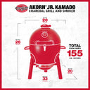AKORN Jr. Kamado Grill and Smoker dimensions. Width: 20 inches. Height: 26 inches. Depth: 20 inches. Weight: 33 pounds. Total cook area: 155 square inches.