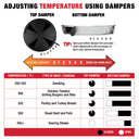 Chart explaining how to adjust temperature using top and bottom dampers with visual examples and a table of recommended settings. Can be summed up as less air mean less heat and more air means more heat.