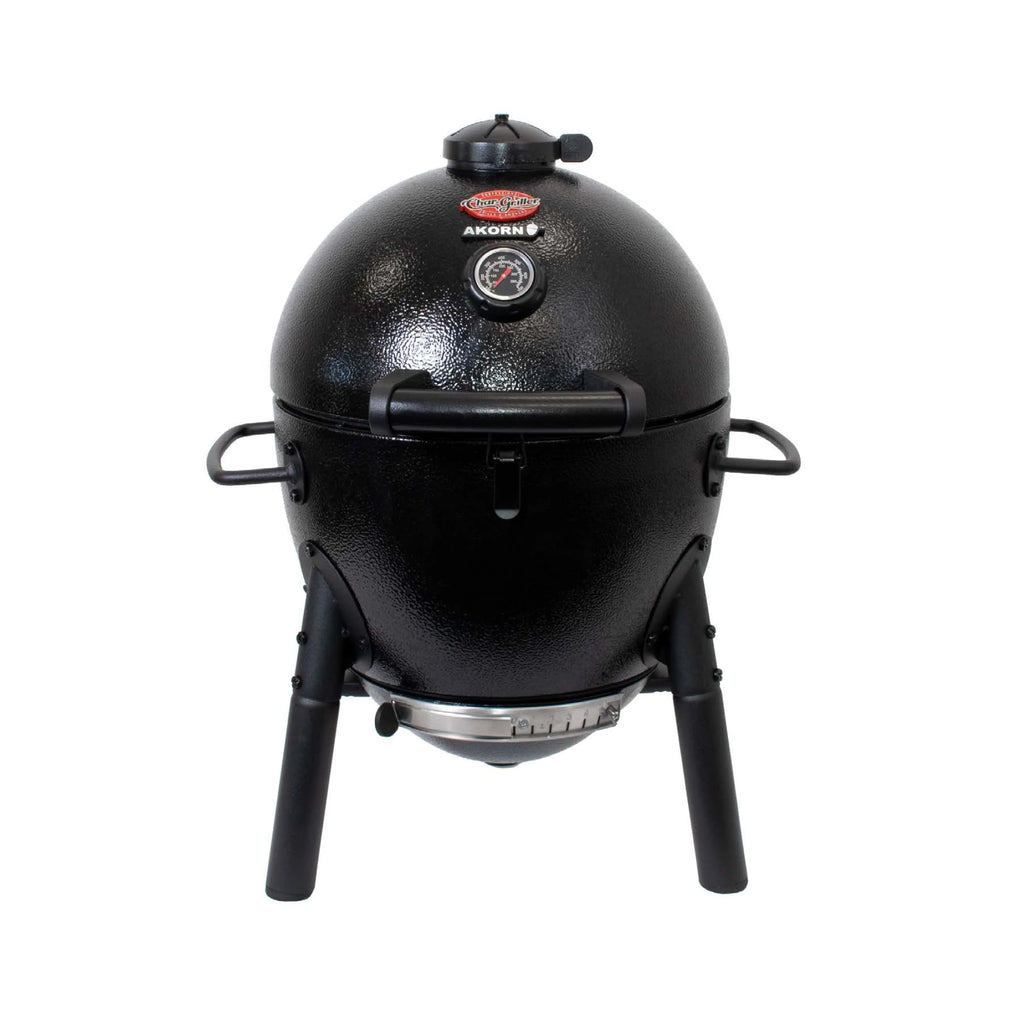 Black AKORN Jr. Kamado Grill and Smoker on a white background. The grill has 2 curved side handles, 3 legs, and adjustable dampers at top and bottom.