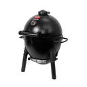 AKORN Jr. grill on a white background, angled to show the right side more. The lid has Char-Griller and AKORN logo plates centered on the front between the to adjustable damper and the built-in dome temperature gauge. A straight handle is mounted at the base of the grill dome below the temperature gauge.