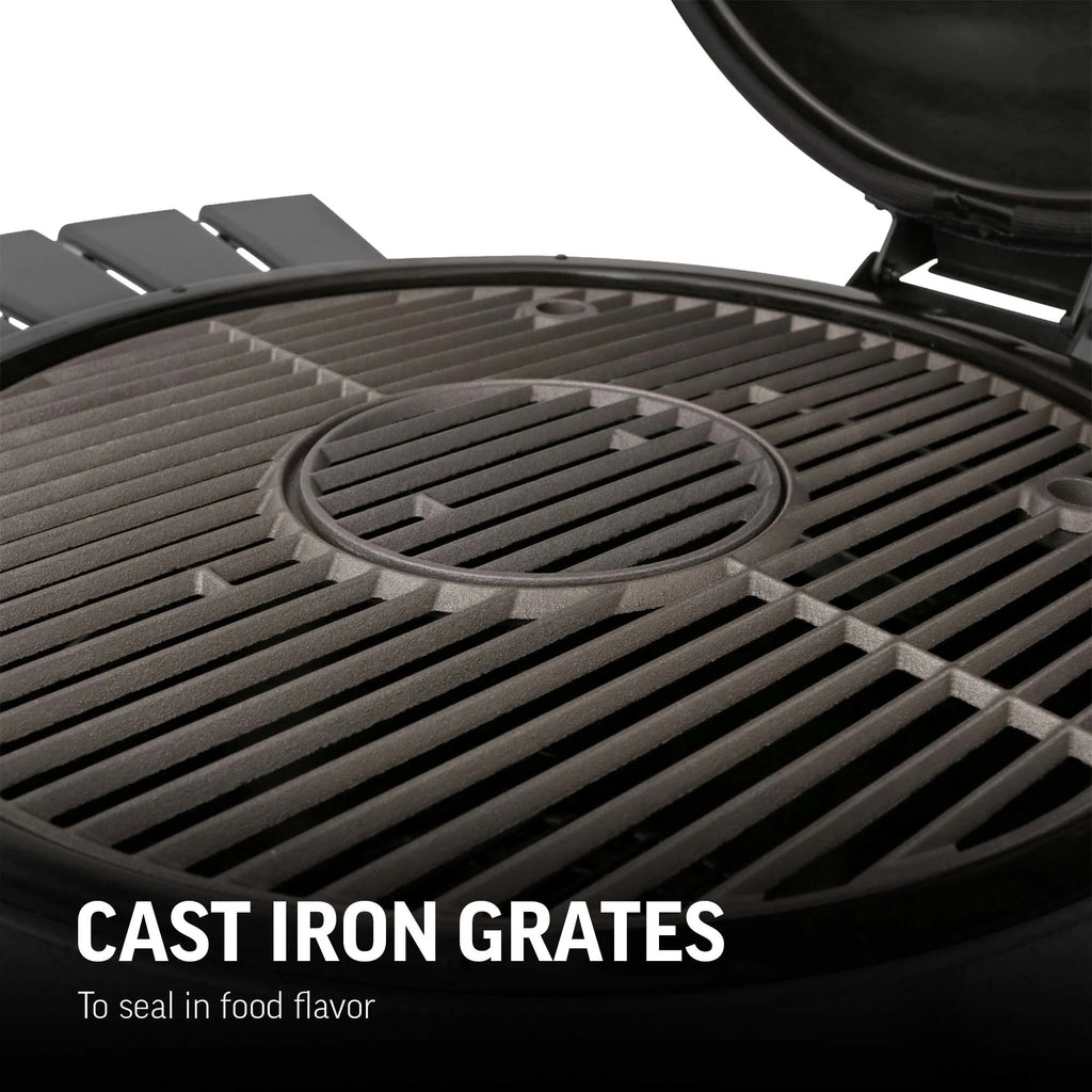 Closeup of the circular grill grates in the grill. There is a small round grate in the center than can be removed to add charcoal to the fire. Text reads: cast iron grates to seal in food flavor.