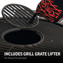 Closeup of someone wearing a Char-Griller grill glove using the grill grate lifter to remove the center grate from an AKORN grill. Text reads: Includes grill grate lifter for lifting hot grill grate.