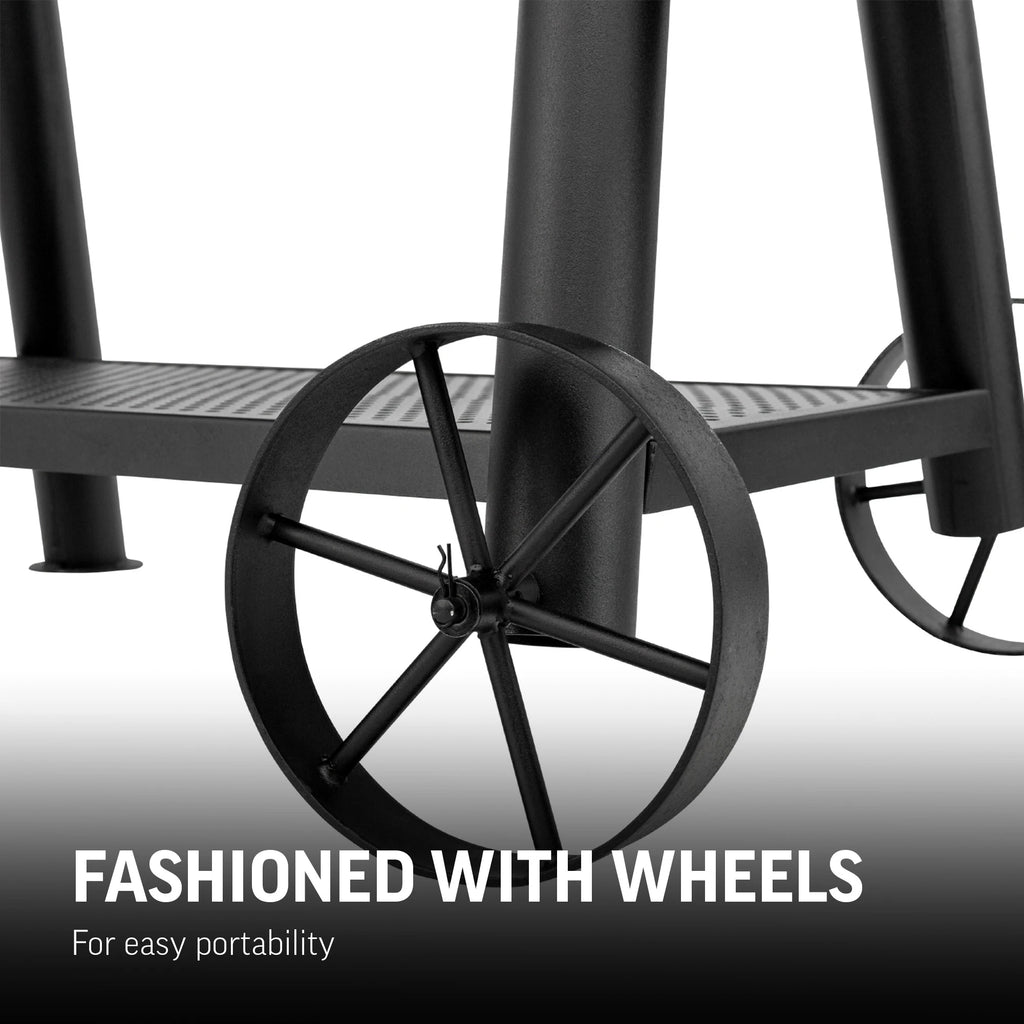 Closeup of the larger wheels on the right side of the grill cart. Text reads: Fashioned with wheels for easy portability.