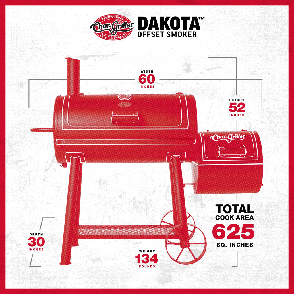 Dakota offset smoker line drawing with dimensions. Width: 60 inches. Height: 52 inches. Depth: 30 inches. Weight: 134 pounds. Total cook area: 625 square inches.