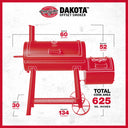 Dakota offset smoker line drawing with dimensions. Width: 60 inches. Height: 52 inches. Depth: 30 inches. Weight: 134 pounds. Total cook area: 625 square inches.