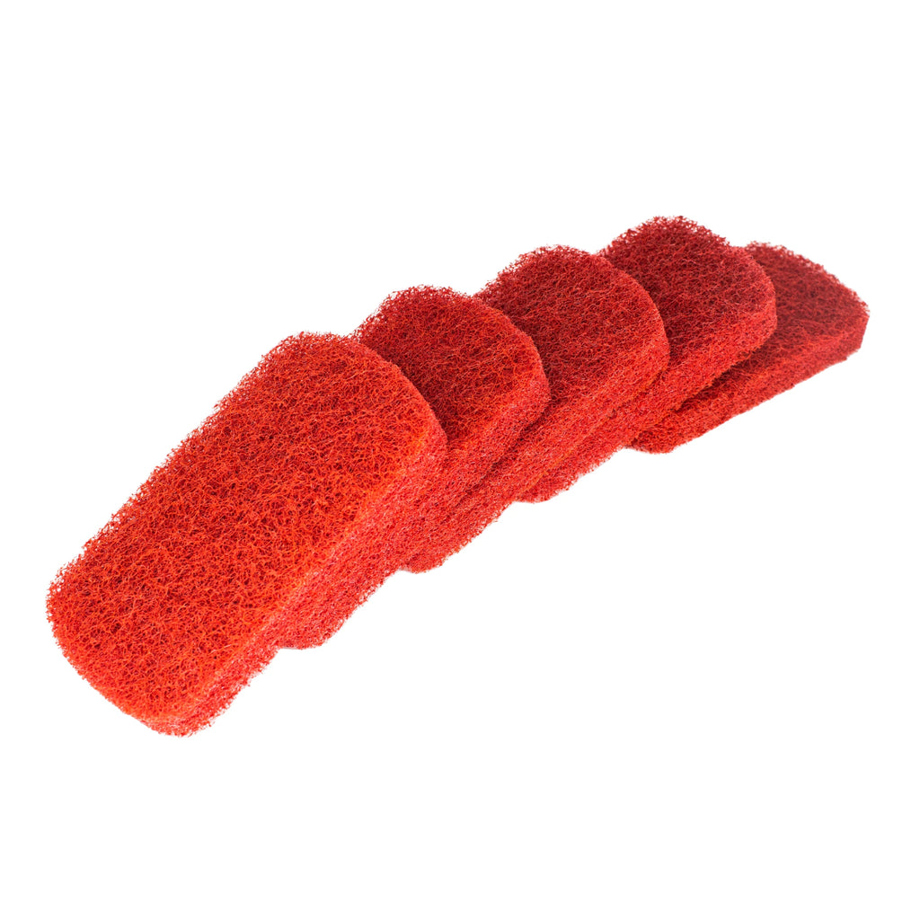 5 scouring pads fanned out on a white background.