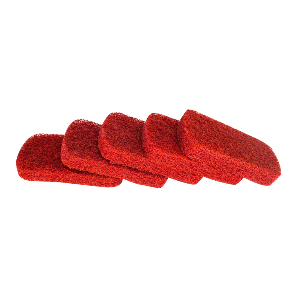 Five red scrubber pads stacked half on top of each other on a white background