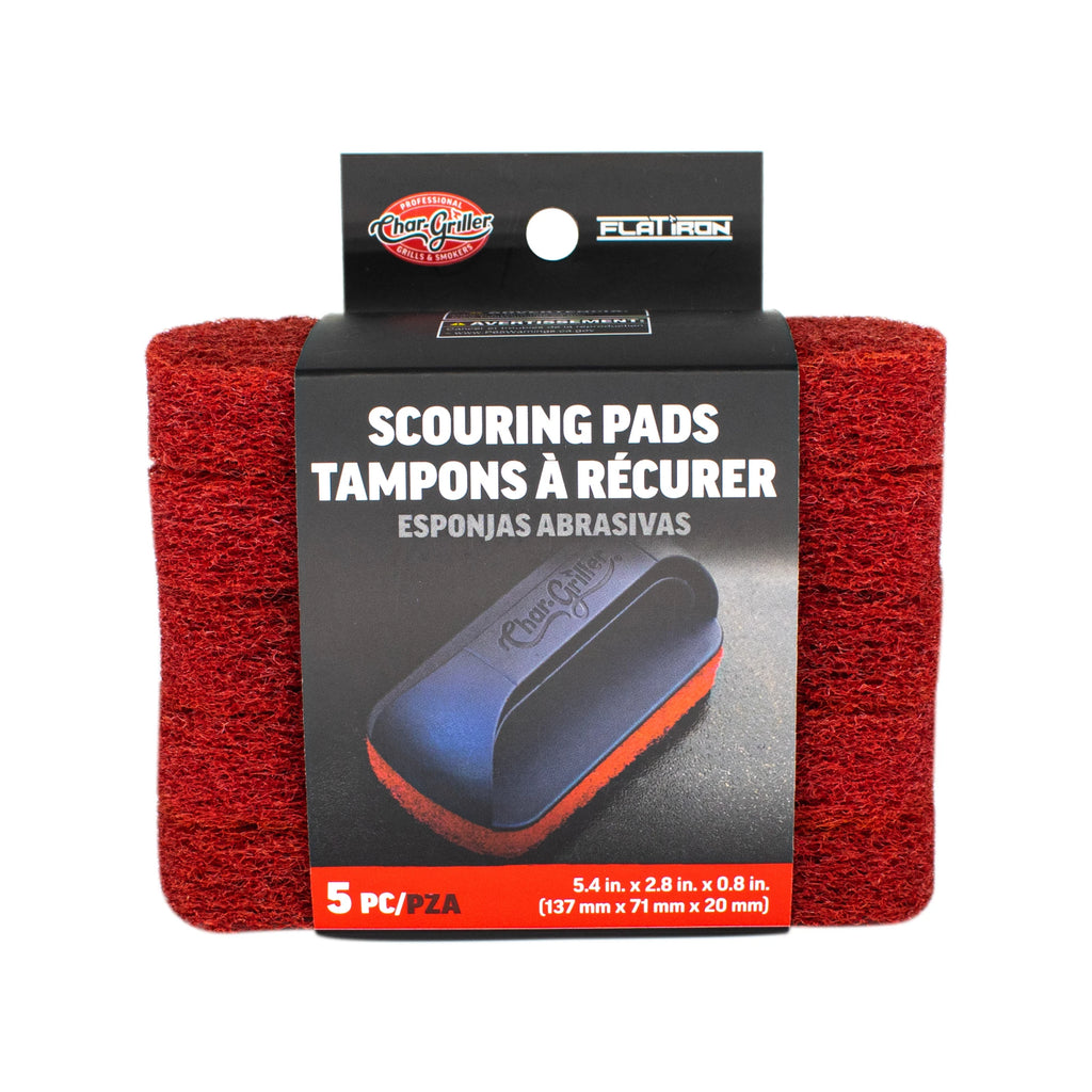 Stack of 5 scouring pads wrapped in retail packaging, seen from the front. Packaging has text in English, French, and Spanish.