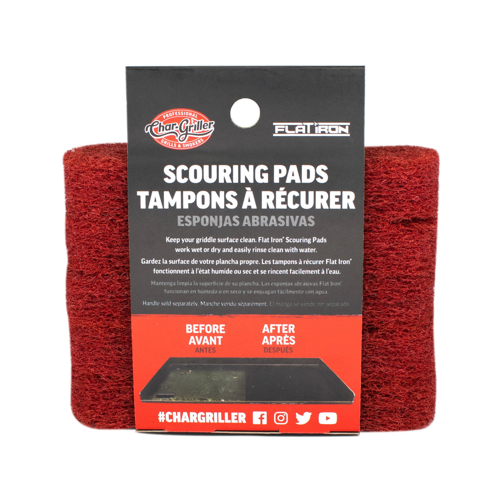 Stack of 5 scouring pads wrapped in retail packaging, seen from the back. Packaging has text in English, French, and Spanish.