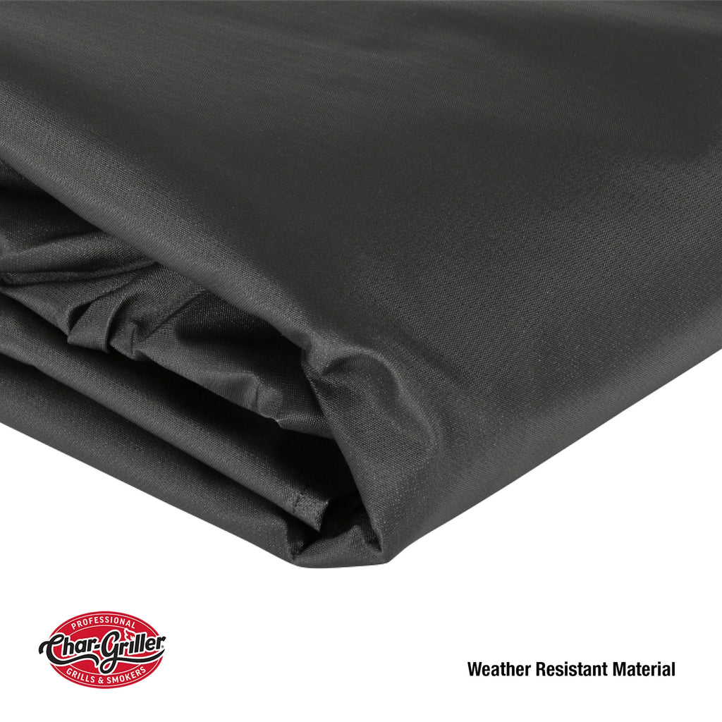 Closeup of a folded cover showing the texture of the material. Has the text Weather Resistant Material in the lower right corner and the Char-Griller logo in the lower left corner