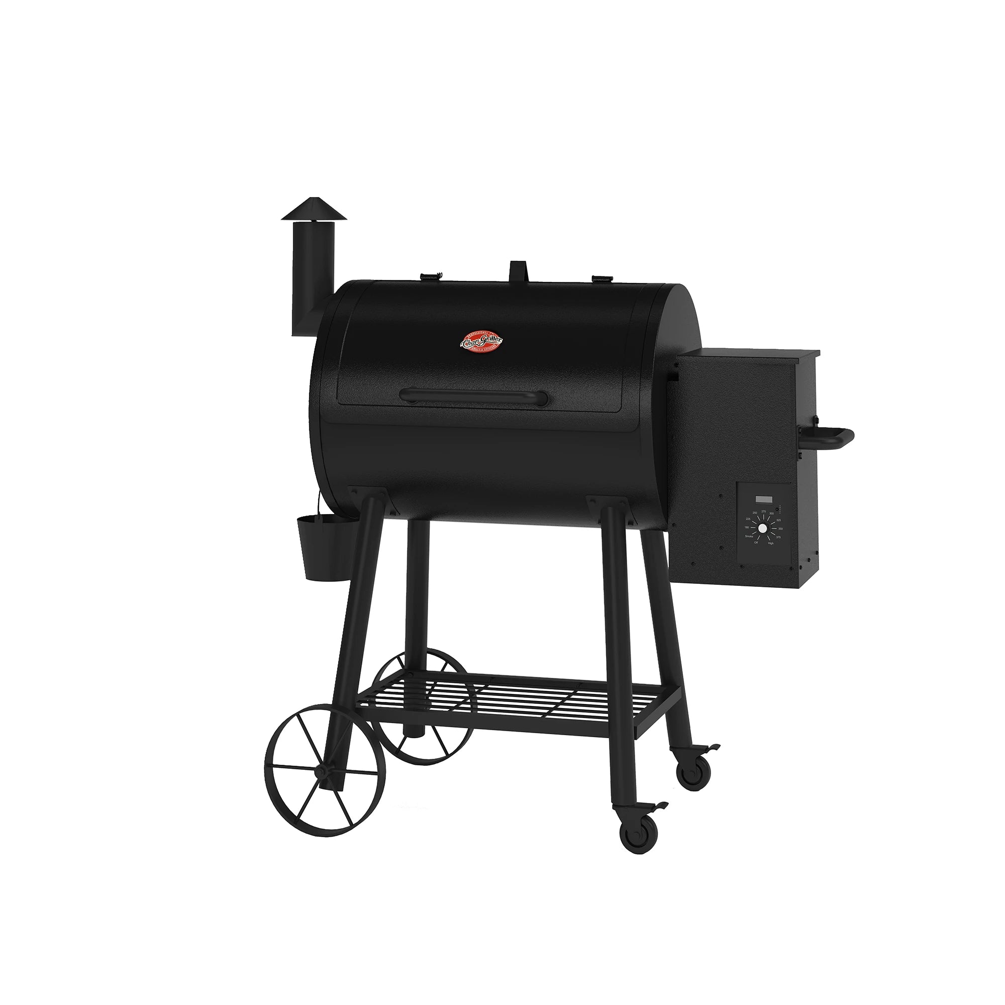 Wood Pro grill tilted slightly to the left to show the round barrel shape and the handle mounted on the hopper box.
