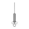 Marinade injector with a needle attached to the syringe. The syringe has 3 loops on the end away from the needle. Two small finger loops used to hold the syringe flank a larger central loop used to  pull marinade into the syringe.