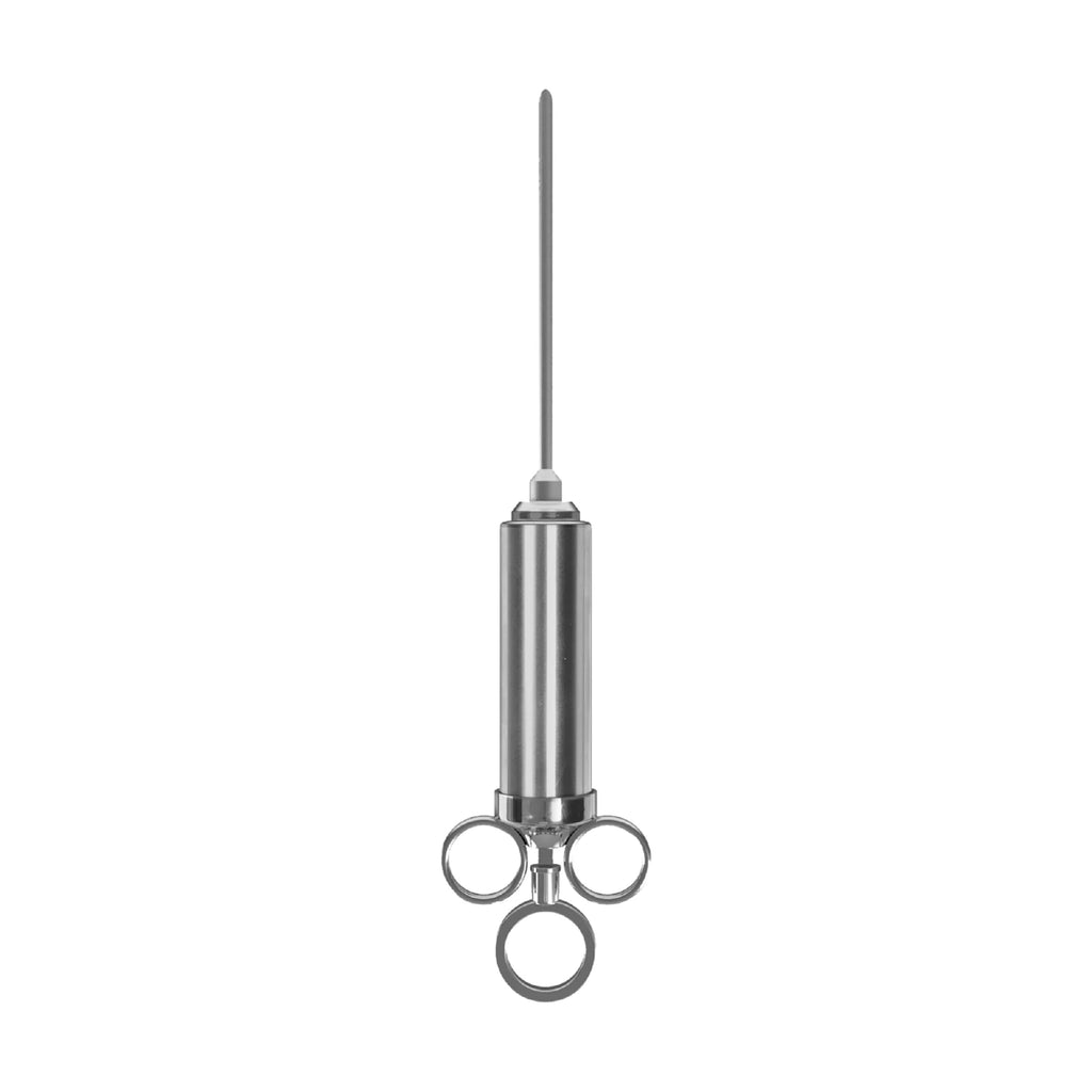 Marinade injector with a needle attached to the syringe. The syringe has 3 loops on the end away from the needle. Two small finger loops used to hold the syringe flank a larger central loop used to  pull marinade into the syringe.