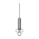 Marinade injector with a needle attached to the syringe. The syringe has 3 loops on the end away from the needle. Two small finger loops used to hold the syringe flank a larger central loop used to  pull marinade into the syringe.