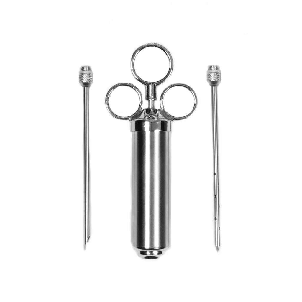 Stainless steel syringe with 2 needles on a white background. One needle has one large hole at the tip. The other needle has multiple small holes spaced around the needle on the third of the needle near the tip.