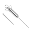 Metal syringe with the needle having multiple small holes in it attached to the syringe body. The needle with one large hole at the tip is next to the syringe.