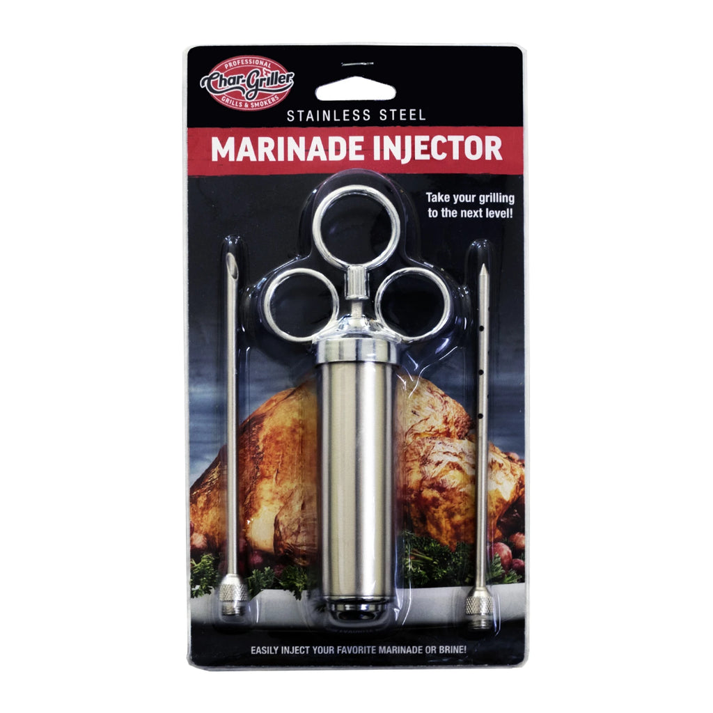 Marinade injector with 2 needles in packaging with Char-Griller branding on a white background