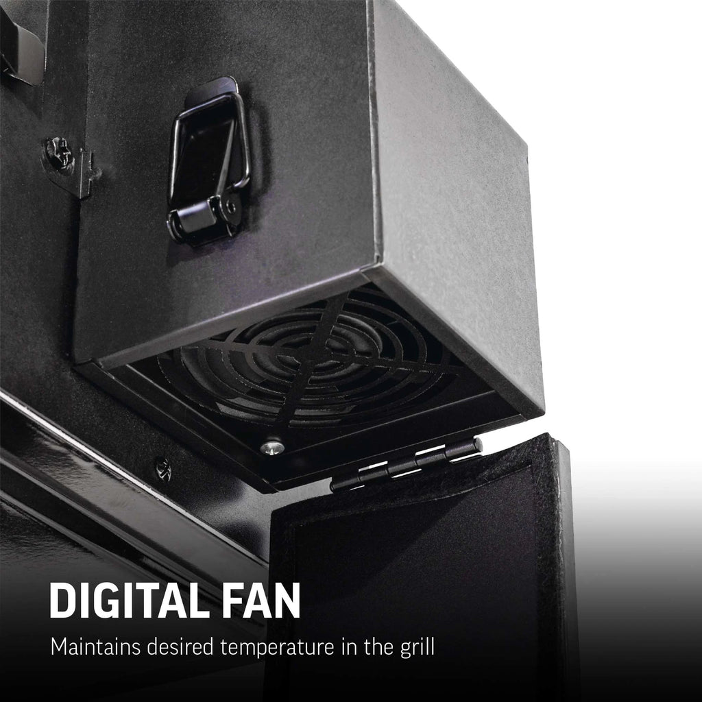 View of the digital fan mounted outside of the base of the charcoal hopper. The hinged access door hangs open so the fan is visible. Text overlay reads: Digital Fan maintains desired temperature in the grill.