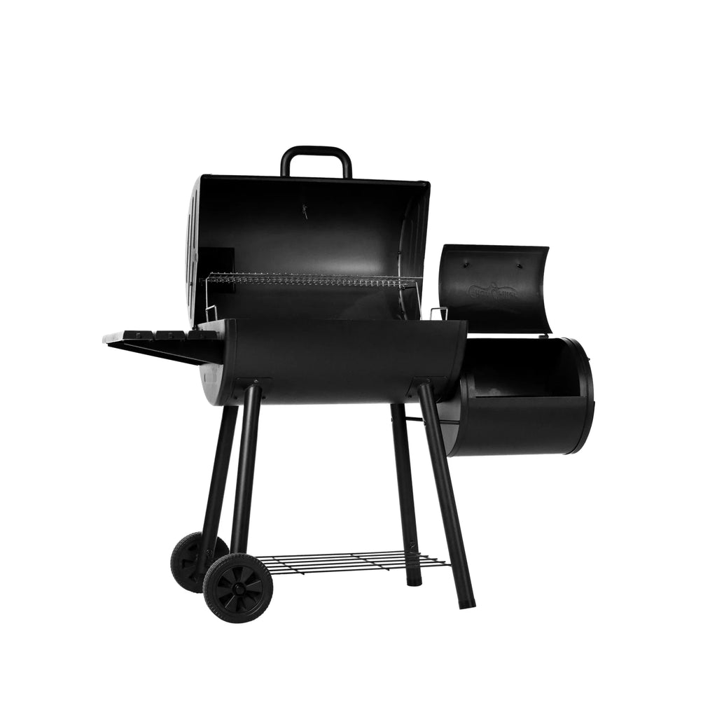 The Smokin' Pro angled to show the utility shelf mounted on the left of the barrel grill botdy