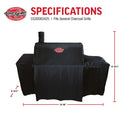 Specifications: Cover CG30083425 fits several grills. Height: 49.3 inches (including chimney); Width: 66 inches; Depth: 26.2 inches.