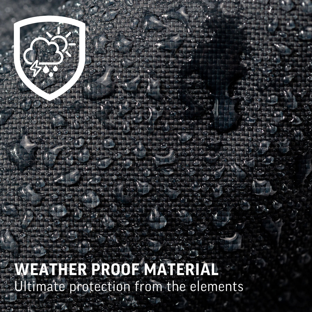 Close-up of water beading on the cover material. Text reads: Weather proof material: Ultimate protection from the elements
