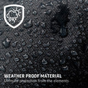 Close-up of water beading on the cover material. Text reads: Weather proof material: Ultimate protection from the elements