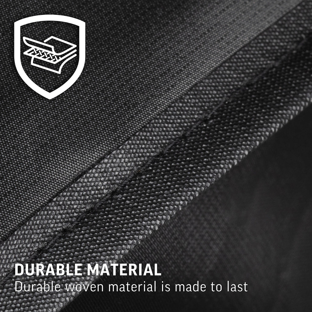 Extreme close-up of a sewn seam with text "Durable material: durable woven material is made to last"