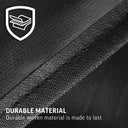 Extreme close-up of a sewn seam with text "Durable material: durable woven material is made to last"