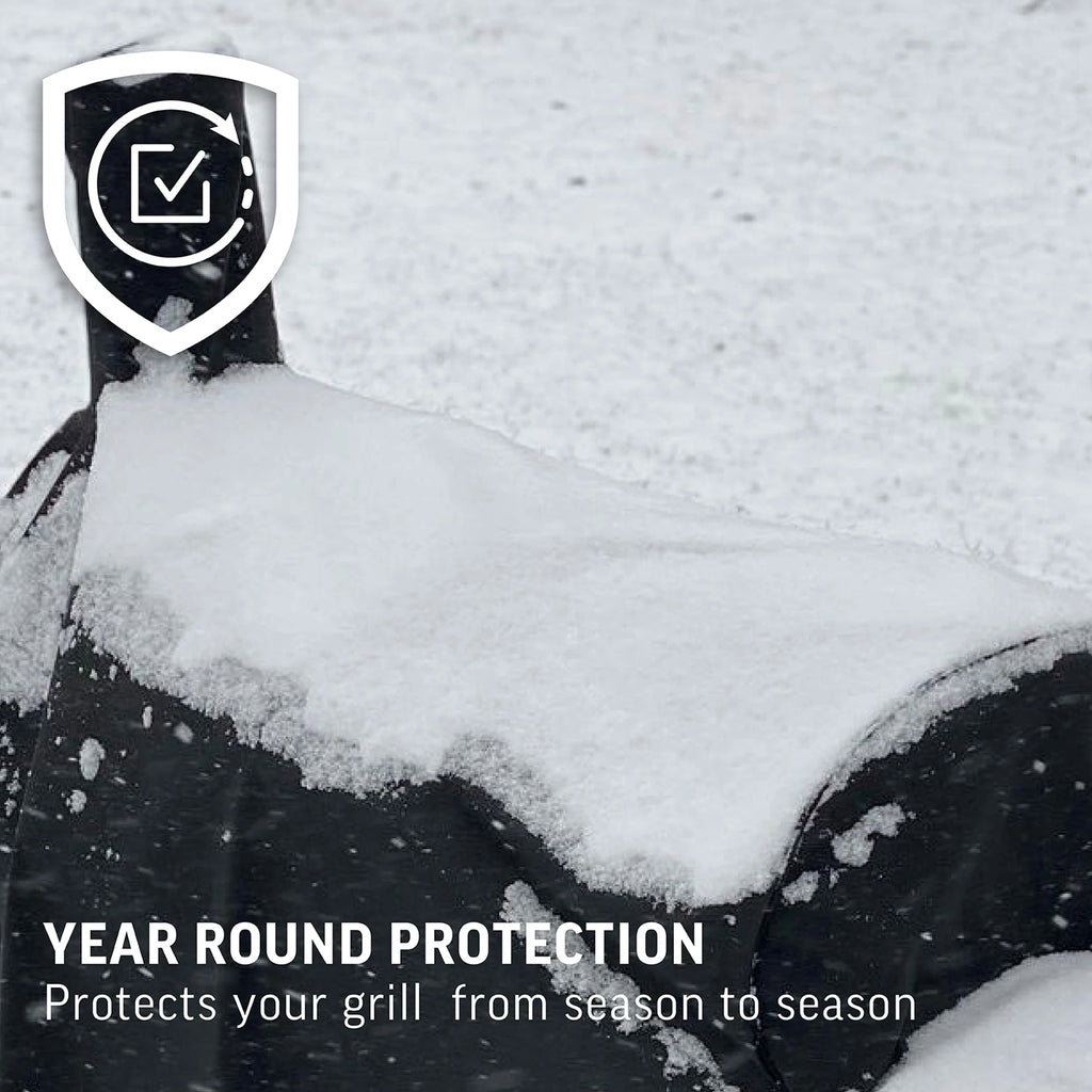 A snow-covered grill protected by the grill cover. Text reads: Year round protection. Protects your grill from season to season.