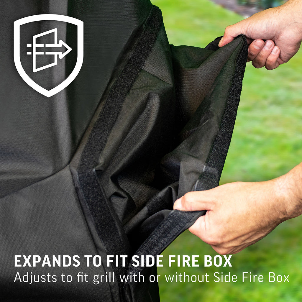 Close-up of the right side of the cover where someone uses both hands to separate the velcro attachment to open the side fire box cover. Text reads: Expands to fit side fire box. Adjust to fit grill with or without side fire box.