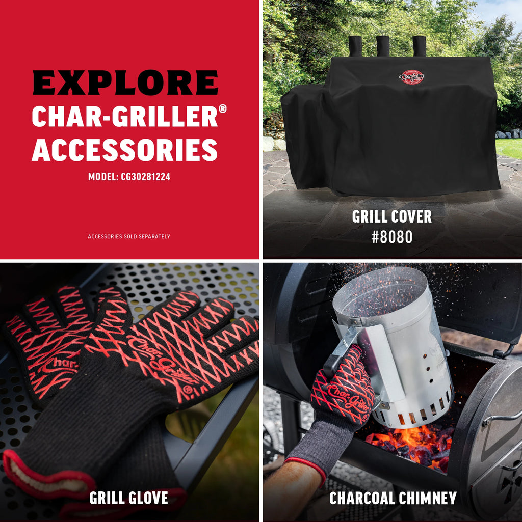 Explore Char-Griller Accessories. Grill cover 8080, grill glove, and charcoal chimney. Accessories sold separately.