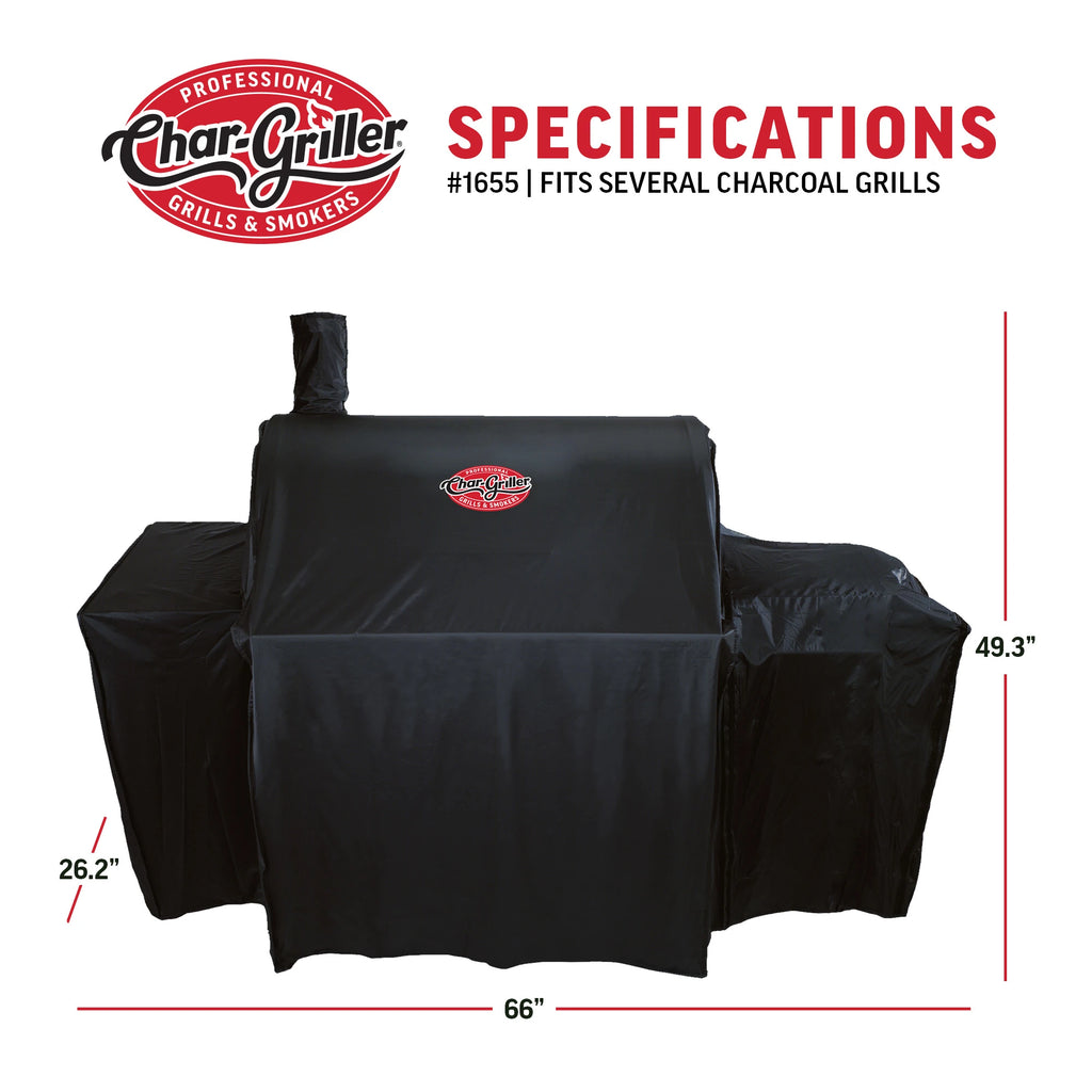 Specifications cover 1655. Fits several charcoal grills. Width: 66 inches including expandable side fire box cover. Height: 49.3 inches including chimney. Depth: 26.2 inches. 