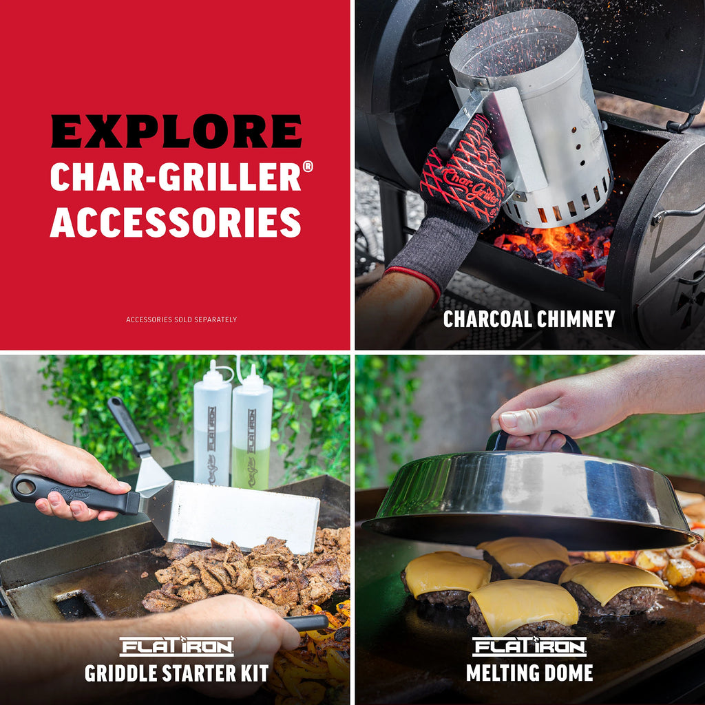 Explore Char-Griller Accessories: Charcoal chimney, Flat Iron Griddle Starter Kit, Flat Iron Melting Dome