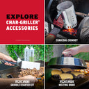 Explore Char-Griller Accessories: Charcoal chimney, Flat Iron Griddle Starter Kit, Flat Iron Melting Dome