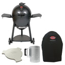 Graphite Char-Griller AKORN kamado grill with accessories below it: Smokin' Stone heat deflector, trigger release charcoal chimney, and grill cover.