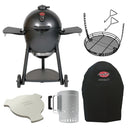 Graphite Char-Griller AKORN kamado grill surrounded by accessories: Smokin' Stone heat deflector, trigger release charcoal chimney, adjustable grate, and grill cover.