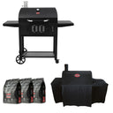 Black Char-Griller Classic Cart-style grill with accessories including a cover and bags of lump charcoal on a white background