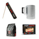 A 4-piece barbecue starter set including a digital probe thermometer, a trigger-release charcoal chimney, a bag of Char-Griller Lump Charcoal, and a box of Char-Griller Fire Starters, arranged on a plain white background.