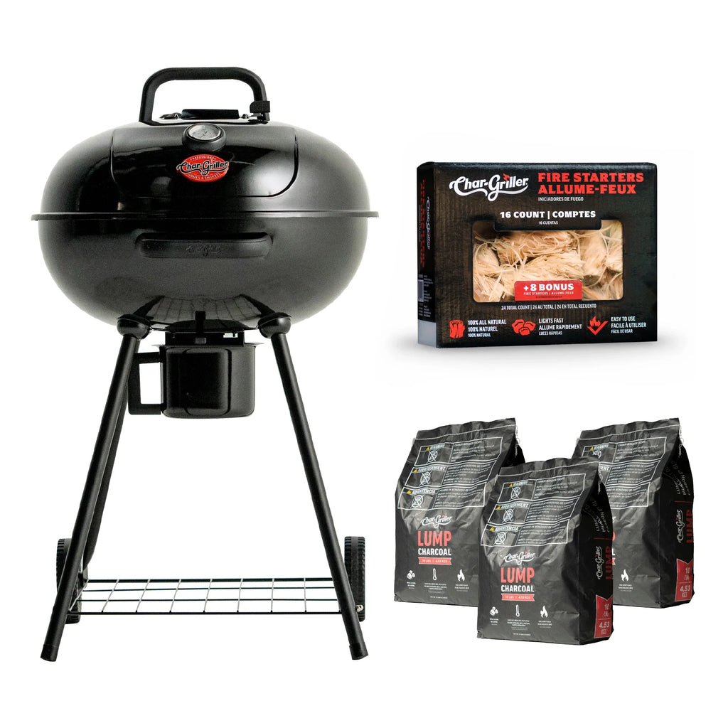 Black Char-Griller kettle-style charcoal grill with tripod legs and drip cup, shown alongside a box of Fire Starters and three bags of Lump Charcoal on a white background