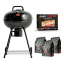 Black Char-Griller kettle-style charcoal grill with tripod legs and drip cup, shown alongside a box of Fire Starters and three bags of Lump Charcoal on a white background
