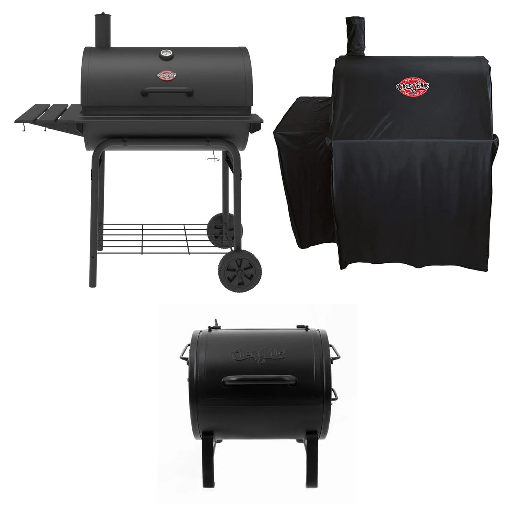 Black Pro Deluxe grill with cover and Side Fire Box on a white background