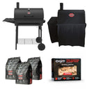 Pro Deluxe charcoal grill and matching black grill cover shown on a white background, with three bags of Lump Charcoal and a box of Char-Griller Fire Starters arranged below.
