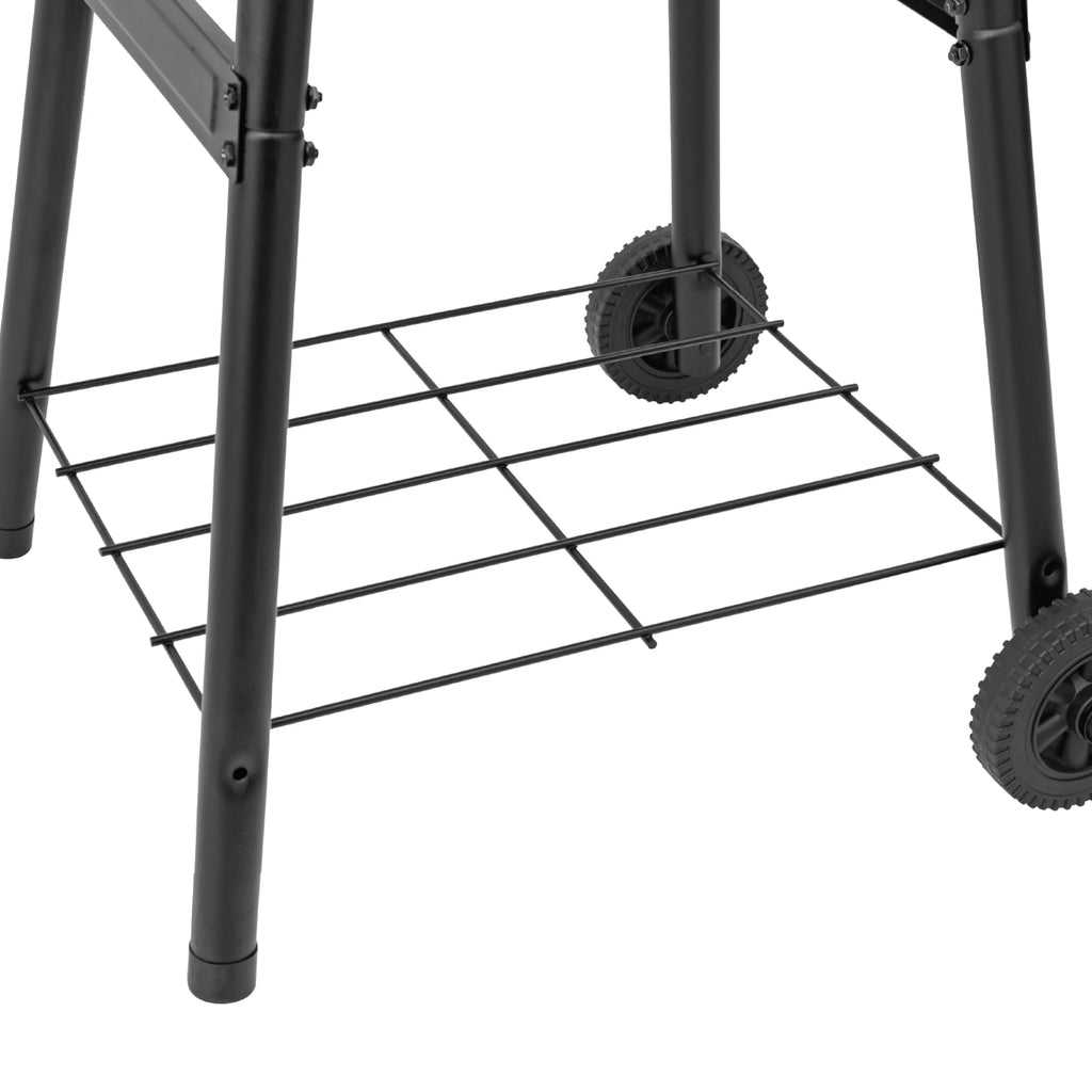 Closeup of the wire shelf mounted between the grill cart legs.