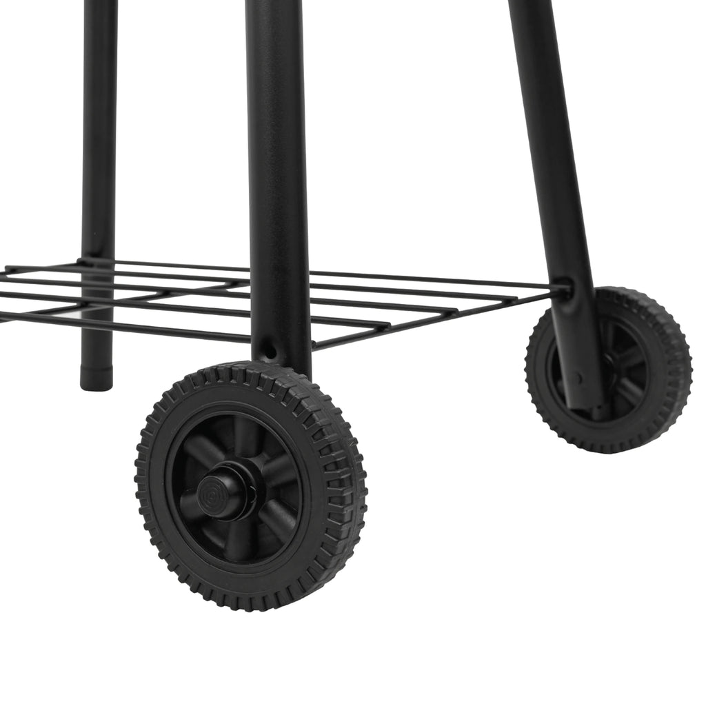 Closeup of the wheels mounted at the bottom of the right legs of the grill cart.