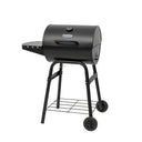 The King-Griller Gambler charcoal grill  on a white background. The grill is angled slightly to show the right side, which has an adjustable damper at the bottom of the grill body. The cart has 2 wheels on the right side  making it easy to move the grill.