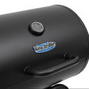 Closed Gambler charcoal grill with a built-n thermometer in the lid and a King-Griller logo attached between the thermometer and the curved lid handle.