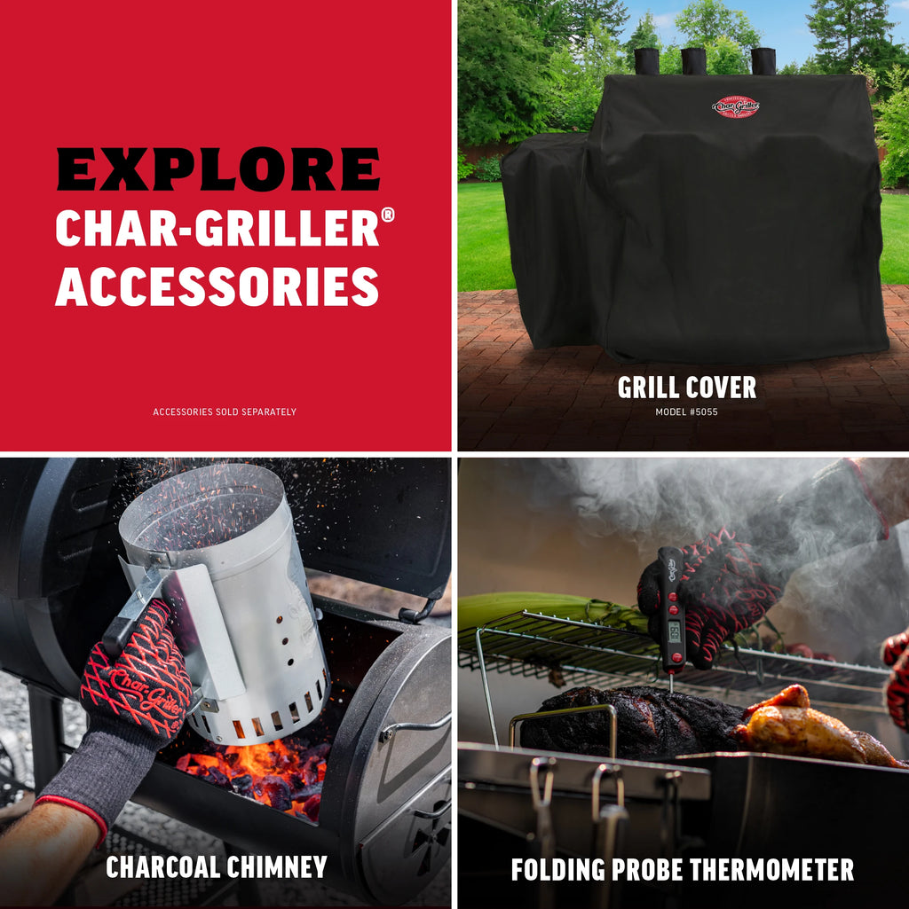 Explore Char-Griller Accessories (sold separately): Grill Cover Model 5055, charcoal chimney, and folding probe thermometer