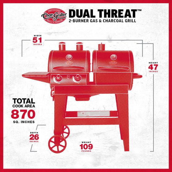 Dual Threat 2-Burner Gas & Charcoal Grill Spec Image